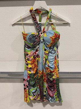 Bacci Multicolor Abstract Print Halter Mini Dress L/8 Ruched Tie Front Y2K